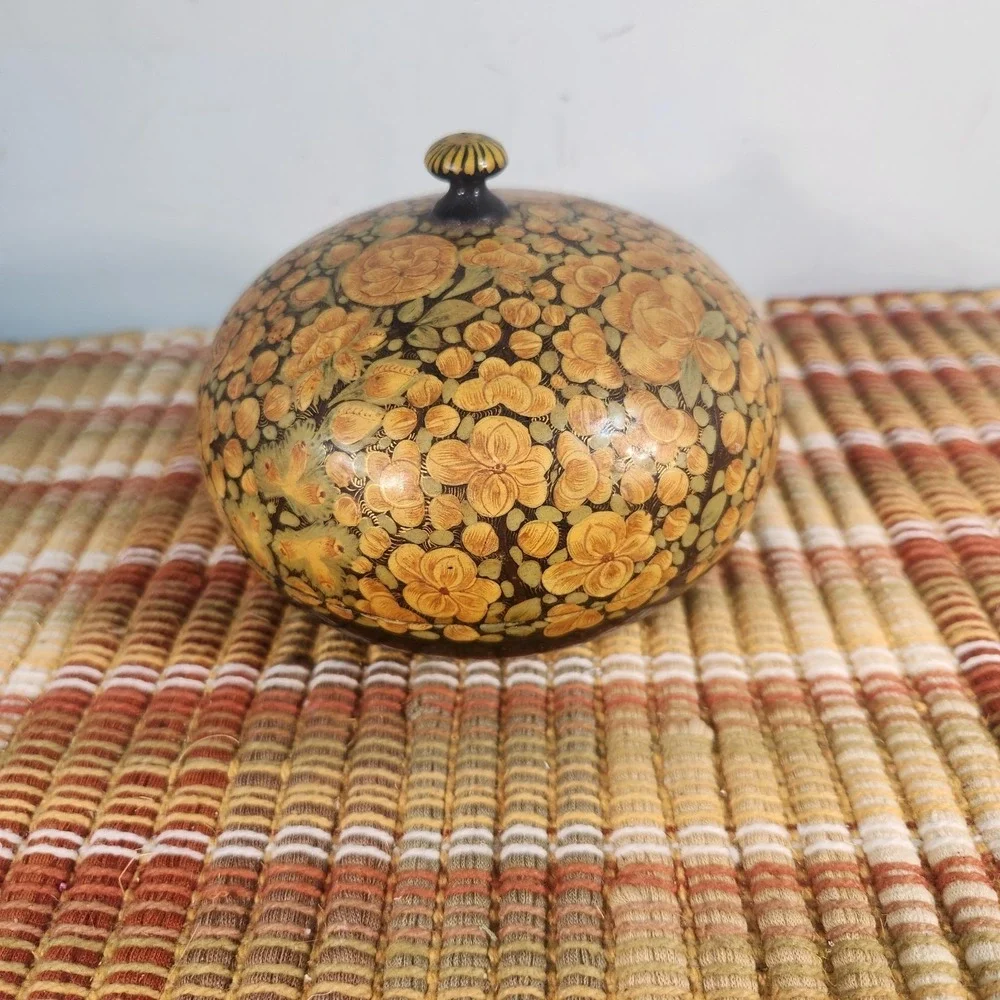 Vintage Hand Painted Floral Lidded Wooden Trinket Box Bowl Black Gold Tole Folk